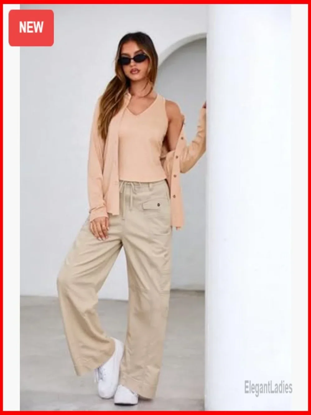 100% Cotton Cargo Pants Drawstring Elastic Waist Hiking Work Pants with Pockets